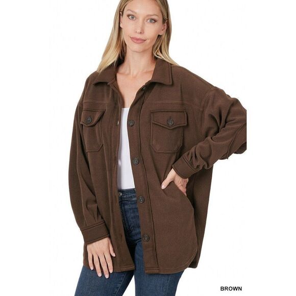 Zenana Outfitters Sweaters - Zenana Oversized Fleece Shacket Button Up Pockets Brown S-XL QJ-4003D4